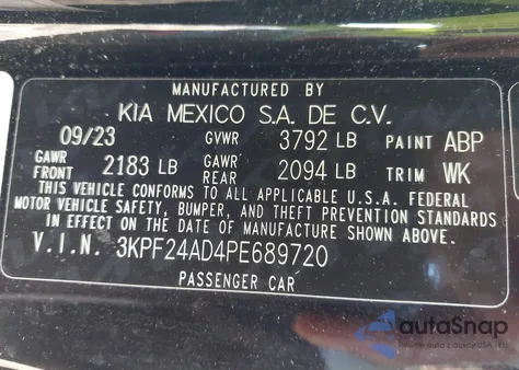 2023 Kia Forte Lx/Lxs z USA, uszkodzony, nr VIN 3KPF24AD4PE689720